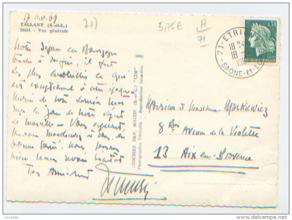 71-Saône Et Loire, Tallant, Vue Générale, Editions Combier N°28633, A Circulé En 1969, Beau Cachet Postal D´Etrigny - Andere & Zonder Classificatie