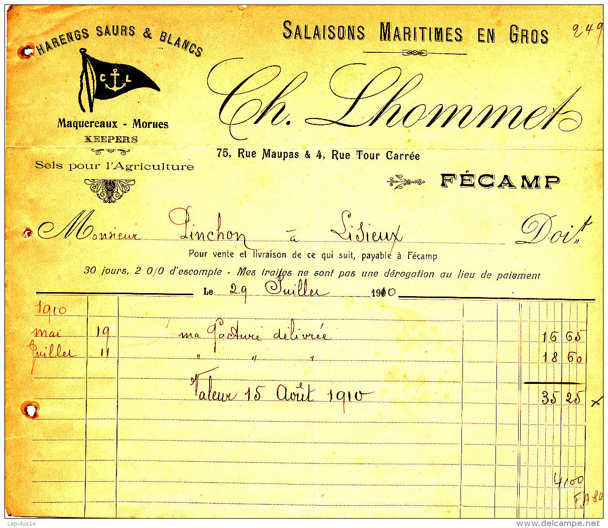 FA 802 / FACTURE  SALAISONS MARITIMES EN GROS  CH. LHOMMET FECAMP    1910  (FORMAT A 5) - 1900 – 1949