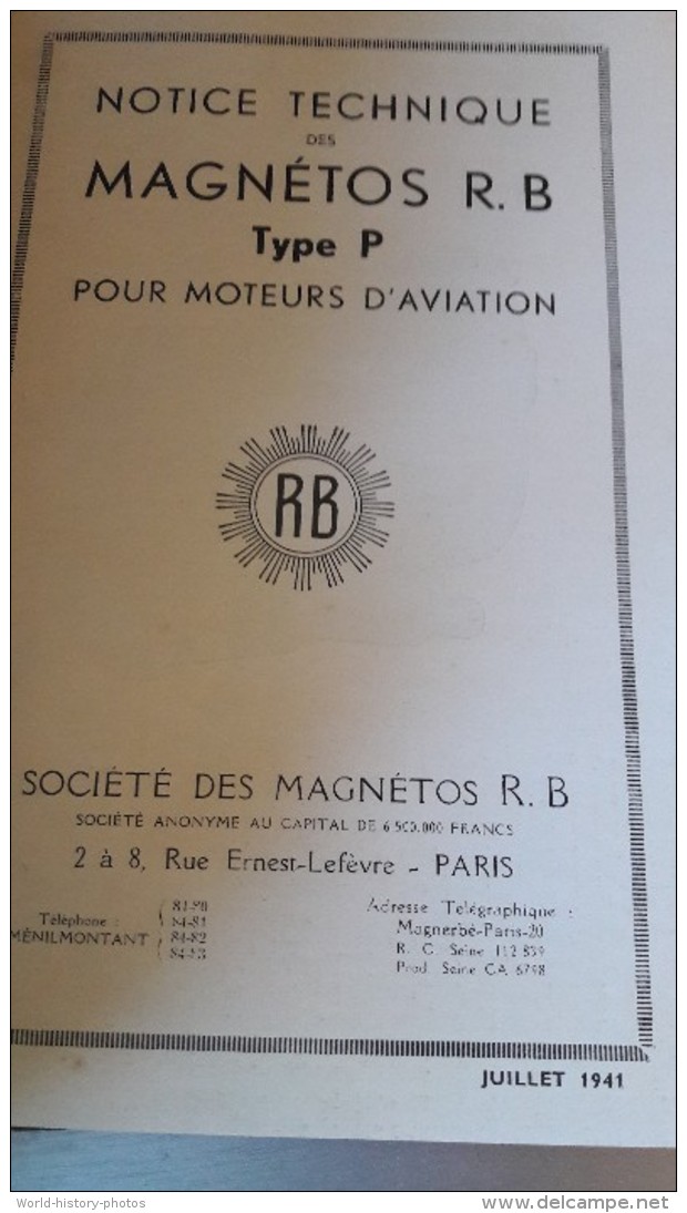 Livre Ancien De 1941 Avec Planche - MAGNETOS R.B. - Type P - Pour Moteur D´aviation - Avion Plane Motor Flugzeug - Autres & Non Classés