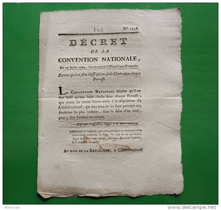 D-FR Révolution 1793 Décret Portant Qu'il Ne Sera Laissé Qu'une Seule Cloche Dans Chaque Paroisse - Documents Historiques