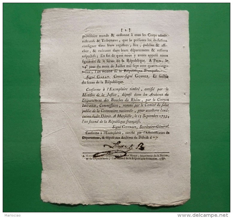 D-FR Révolution 1793 Décret Portant Qu'il Ne Sera Laissé Qu'une Seule Cloche Dans Chaque Paroisse - Documents Historiques