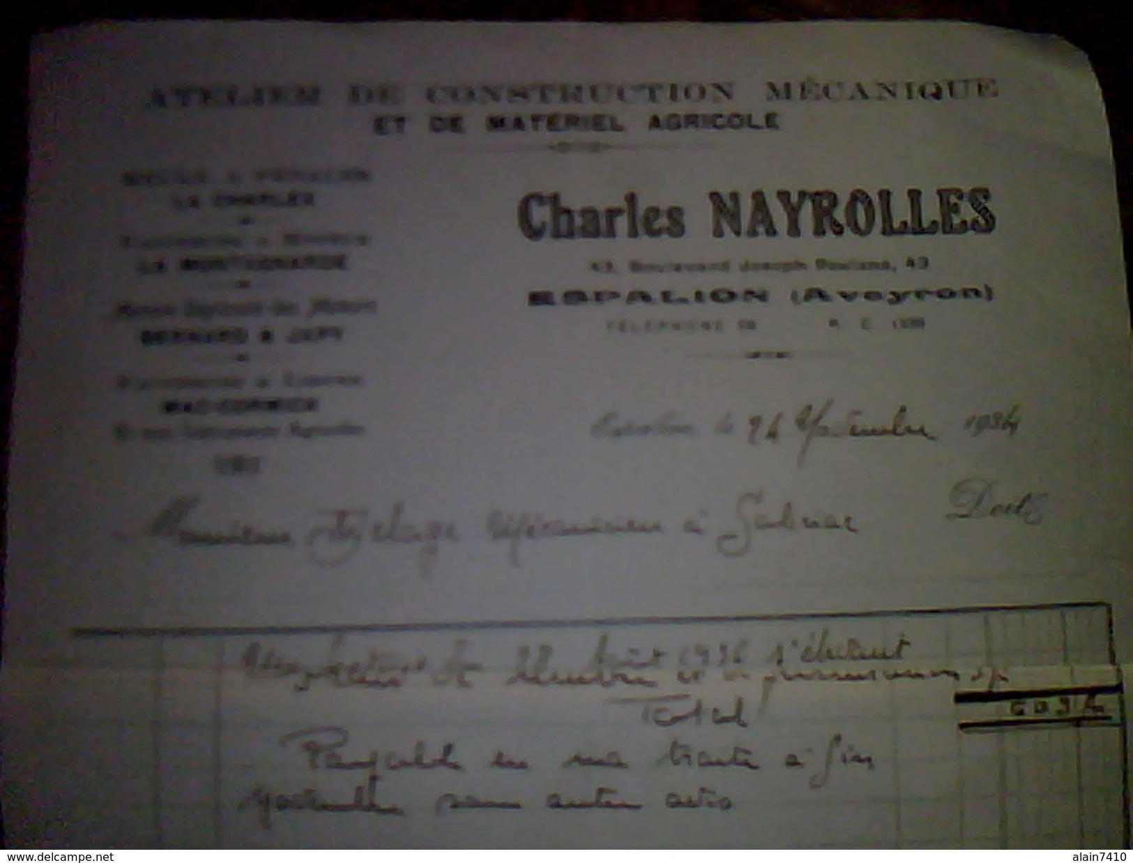 Vieux Papiers Facture Atelier De Construction Mecanique & Materiel Agricole  Charle Nayrolles A Espalion (12 )annee 1934 - Autres & Non Classés