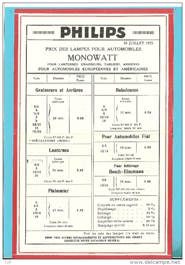 PHILIPS / PRIX DES LAMPES POUR AUTOMOBILES  10 JUILLET 1925 - Reclame