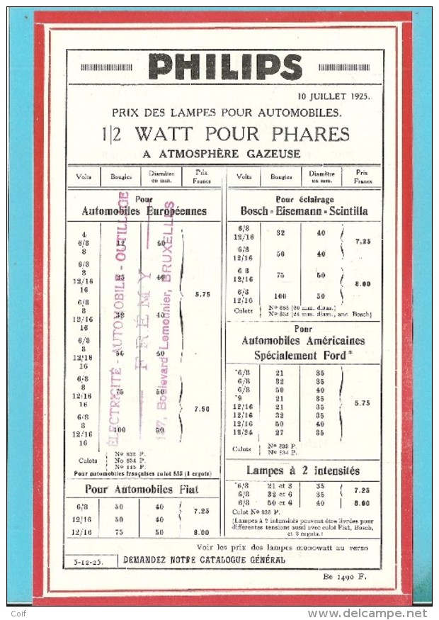 PHILIPS / PRIX DES LAMPES POUR AUTOMOBILES  10 JUILLET 1925 - Reclame