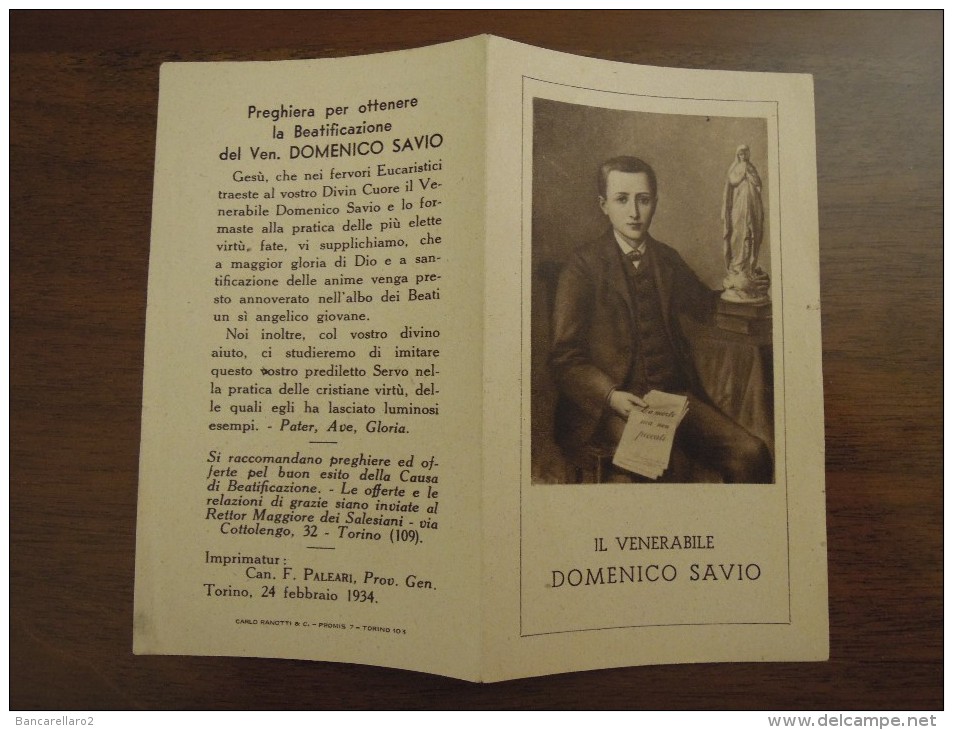 IL VENERABILE  DOMENICO SAVIO  Preghiera Per Ottenere La Beatificazione Del Ven. DOMENICO SAVIO  Imprimatur 24 Feb. 1934 - Santini