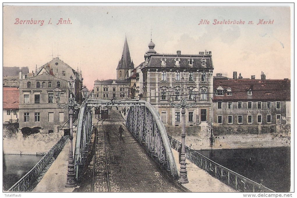 BERNBURG In Anhalt Alte Saale Brücke Mit Markt Strassenbahn Tram Fast TOP-Erhaltung Ungelaufen - Bernburg (Saale)