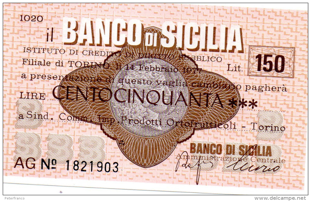 Italia - Miniassegno Banco Di Sicilia -Torino 1977 - Ohne Zuordnung