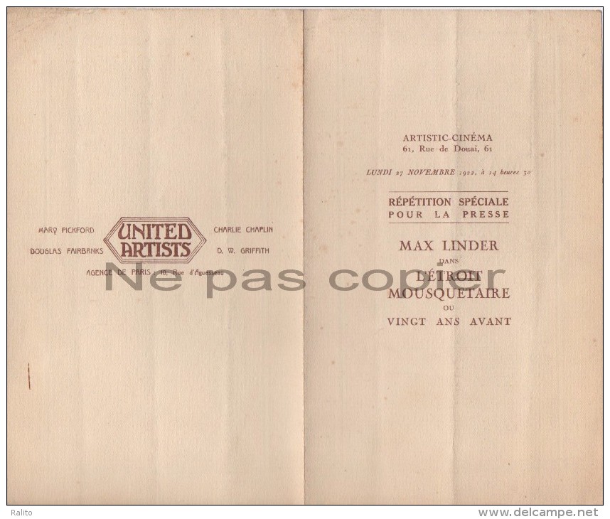 Programme Avant-première Cinéma1922 Max Linder Paris - Programs