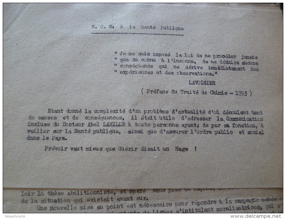 Document Typographié  Prostitution SOS à La Santé Publique Dr Larille 1 Février 1946 - Manuskripte