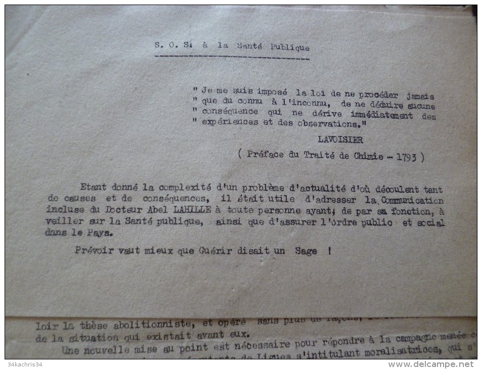 Document Typographié  Prostitution SOS à La Santé Publique Dr Larille 1 Février 1946 - Manuscripten