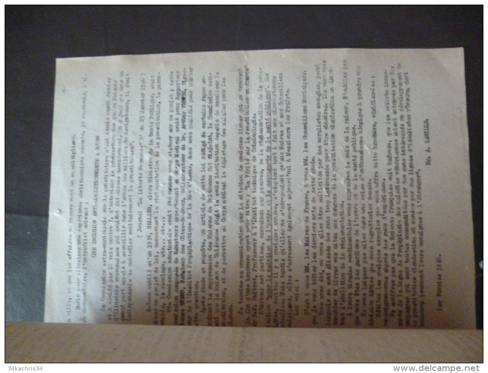 Document Typographié  Prostitution SOS à La Santé Publique Dr Larille 1 Février 1946 - Manuskripte