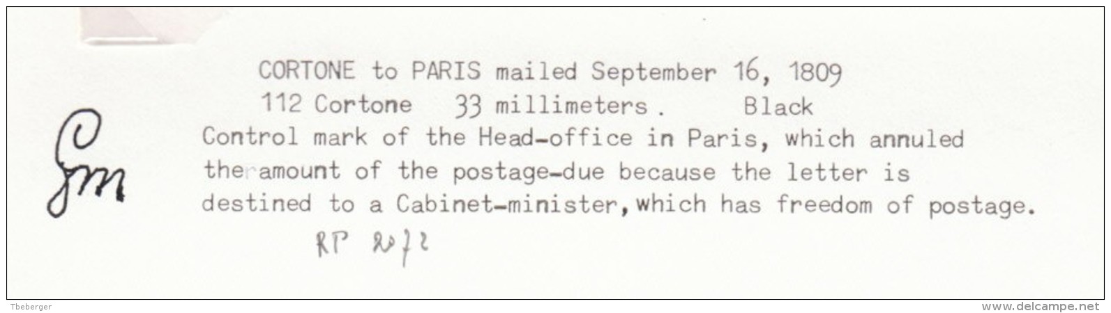 France Italia Dept. Conquis Arno 1809 "112 CORTONE" Lettre Pour Ministre Bigot à Paris, Control Mark Detaxed (o169) - 1792-1815: Veroverde Departementen