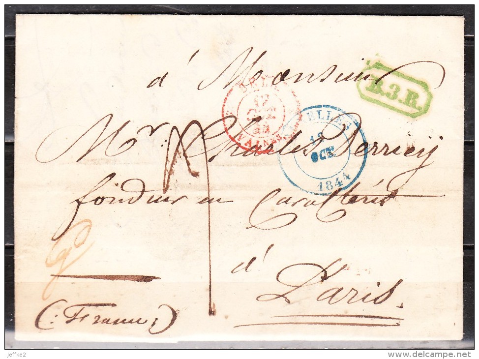 Lettre De 1844 De Bruxelles Pour Paris (France) - Griffe Encadrée Verte B.3.R. - LOOK!!!! - 1830-1849 (Belgica Independiente)