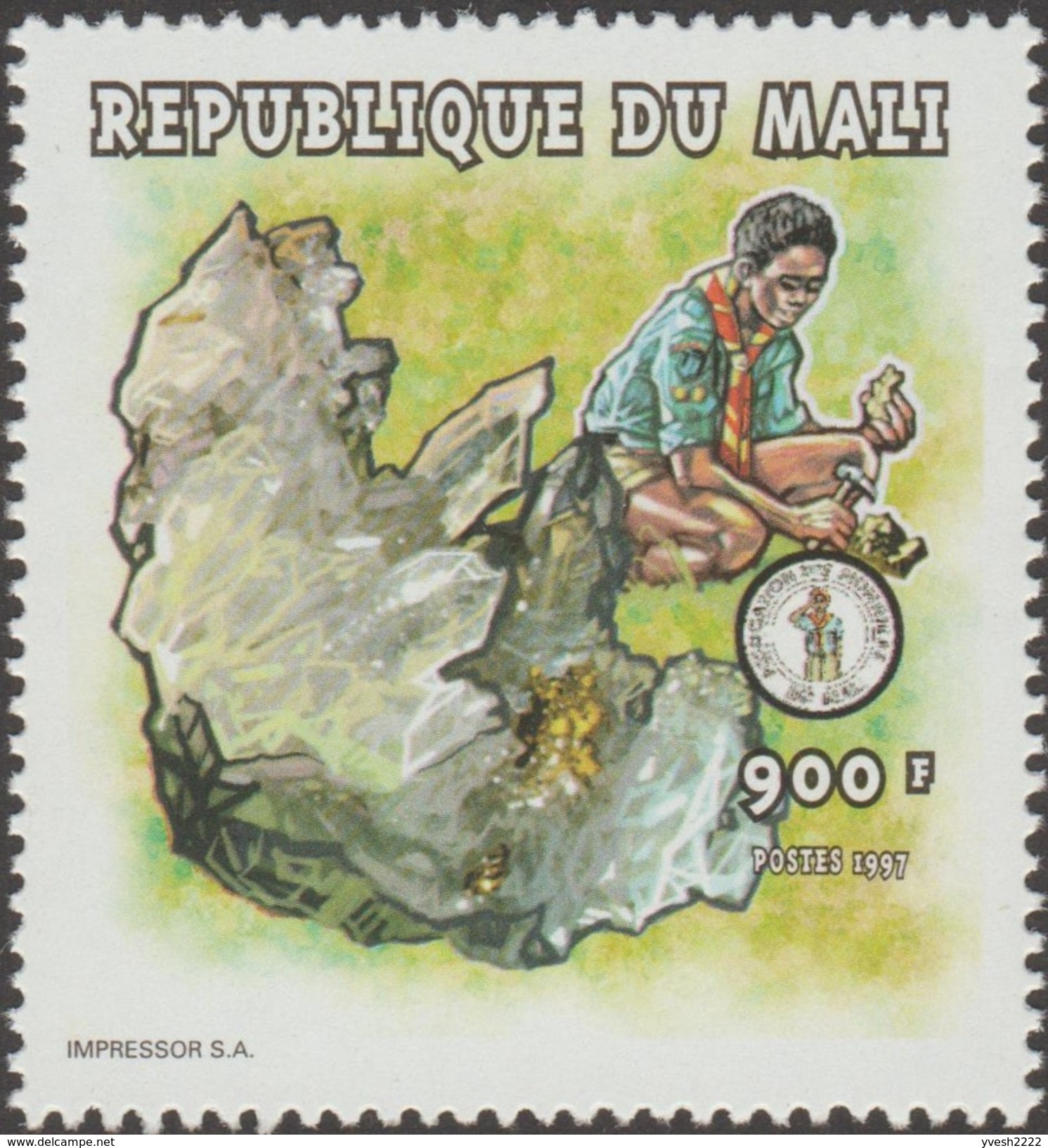 Mali 1997 Y&T 1123. Films positifs et négatifs pour impression offset. Scout examinant un cristal de roche (quartz)