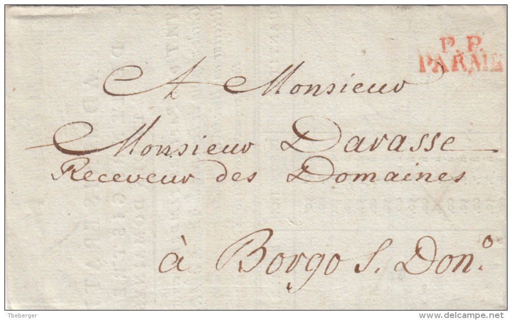 France Italia Dept. Conquis 111 Taro 1809 "P.P. PARMA" En Rouge Lettre Pour Borgo San Donino (o171) - 1792-1815: Départements Conquis