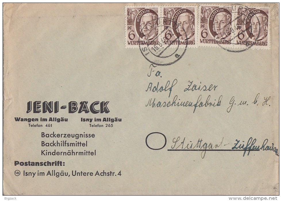 Württemberg Brief Mef Minr.4x 15 Isny 16.8.48 - Württemberg