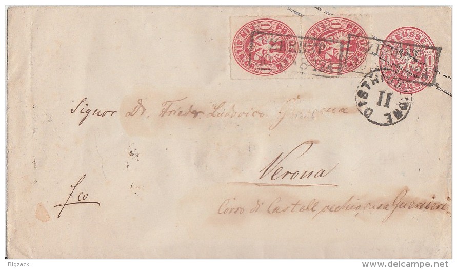 Preussen GS-Umschlag 1 Sgr Zfr.Minr.2x 16 R2 Zerbst Gel. Nach Verona Ansehen !!!!!!!!!!!!! - Postal  Stationery