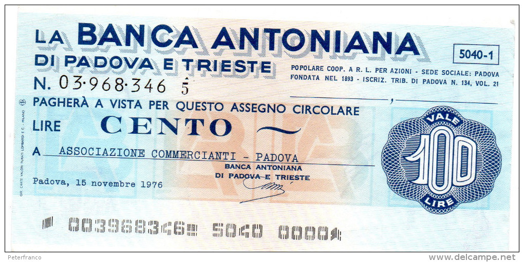 Italia - Miniassegno Banca Antoniana - Padova 1976 - Non Classificati