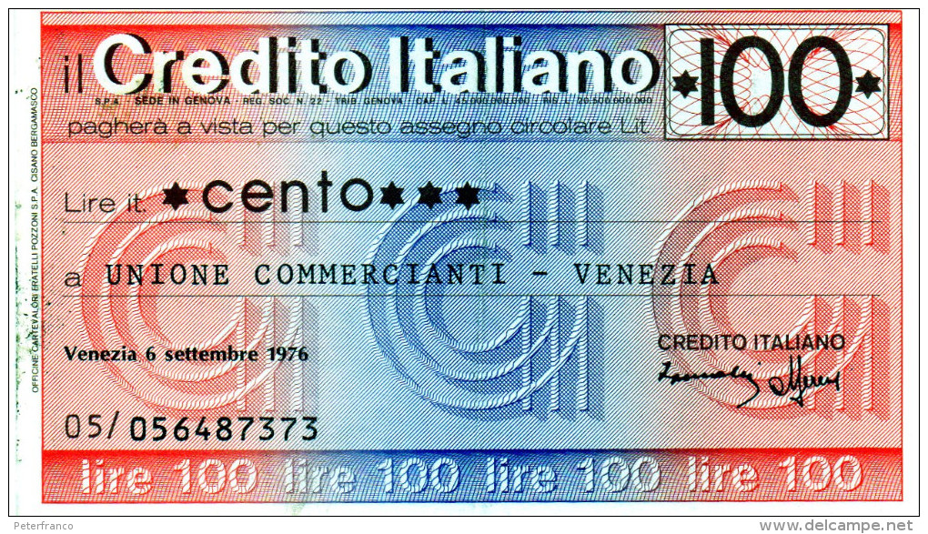 Italia - Miniassegno Credito Italiano - Venezia 1976 - Non Classificati