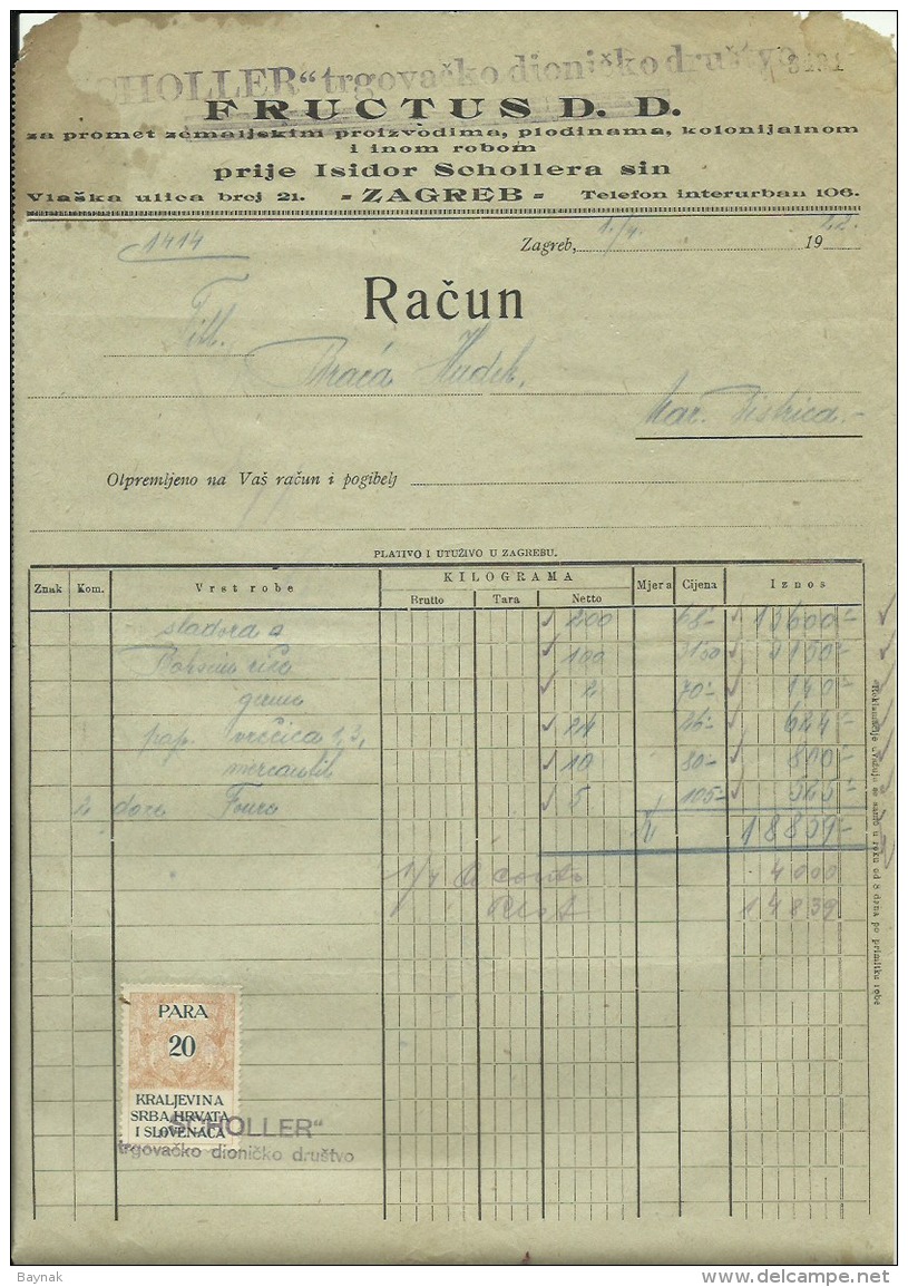 CROATIA, ZAGREB  --    ISIDOR SCHOLLER    --  JEWISH STORE  --    FACTURA, INVOICE   --   WITH TAX  STAMP  --  1922 - Sonstige & Ohne Zuordnung