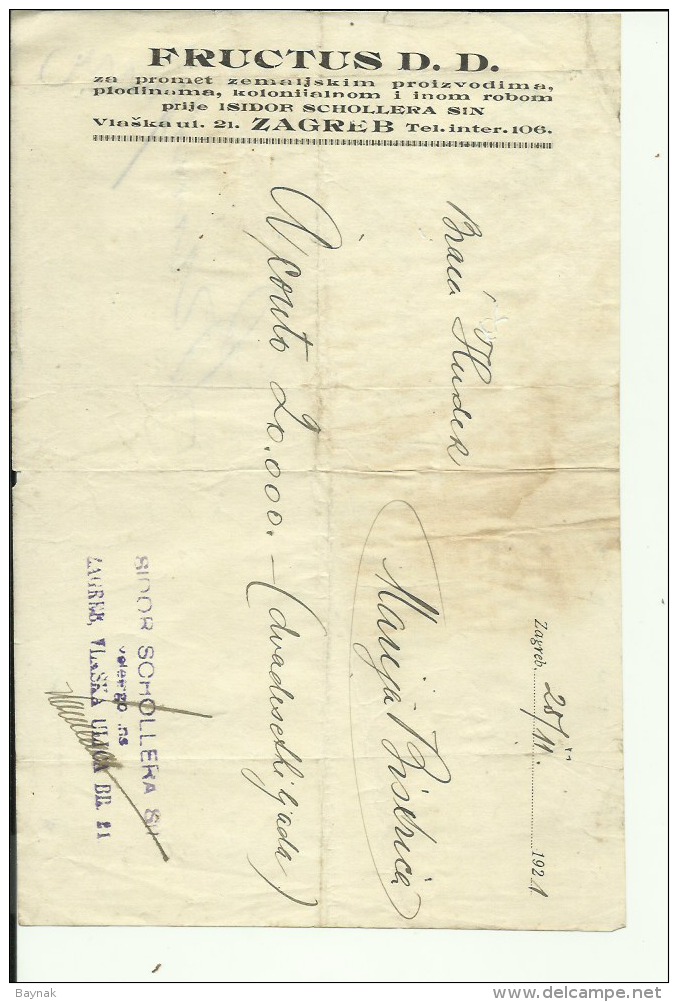 CROATIA, ZAGREB  --  ISIDOR SCHOLLER   ( NU  ,, FRUCTUS ,,) --  JEWISH STORE  -- 2 X  FACTURA, INVOICE   - 1921 / 1922 - Sonstige & Ohne Zuordnung