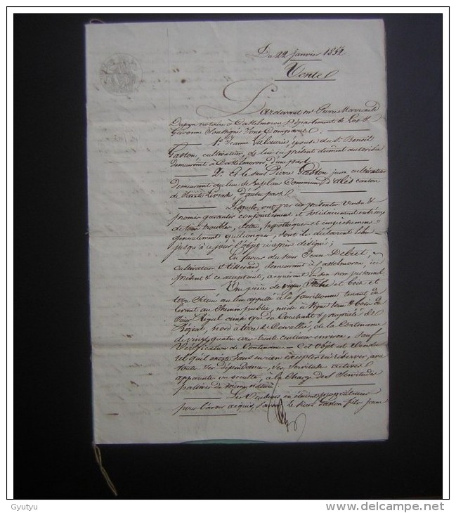 Manuscrit De 1852 Vente D'une Pièce De Vigne (Lot Et Garonne Castelmoron Sur Lot) Lalaunie à Debret - Manuscrits