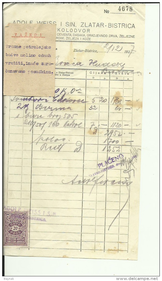 CROATIA, ZLATAR BISTRICA  --   ADOLF WEISS I SIN    --  JEWISH STORE --   FACTURA, INVOICE -  1927 -  WITH TAX STAMP - Sonstige & Ohne Zuordnung