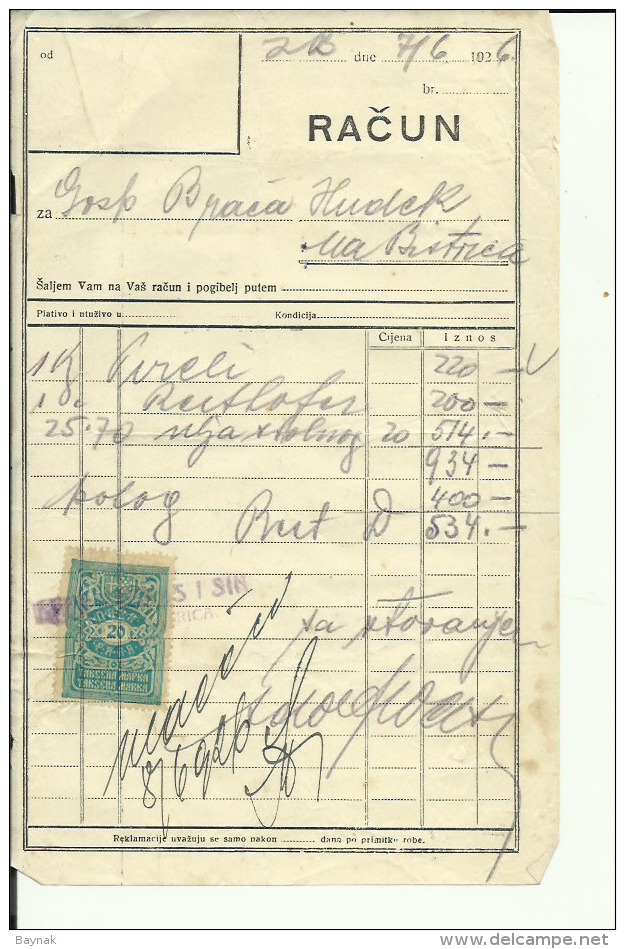 CROATIA, ZLATAR BISTRICA  --   ADOLF WEISS I SIN    --  JEWISH STORE --   FACTURA, INVOICE -  1926 -  WITH TAX STAMP - Sonstige & Ohne Zuordnung