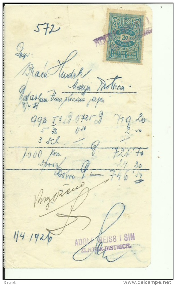 CROATIA, ZLATAR BISTRICA  --   ADOLF WEISS I SIN    --  JEWISH STORE --   FACTURA, INVOICE -  1926 -  WITH TAX STAMP - Sonstige & Ohne Zuordnung