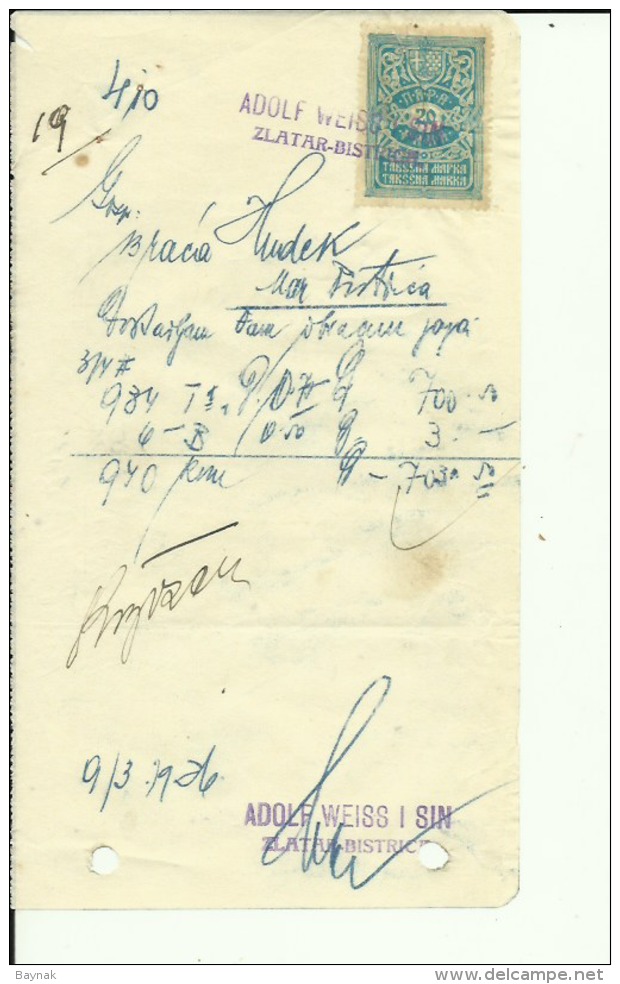 CROATIA, ZLATAR BISTRICA  --   ADOLF WEISS I SIN    --  JEWISH STORE --   FACTURA, INVOICE -  1926 -  WITH TAX STAMP - Sonstige & Ohne Zuordnung