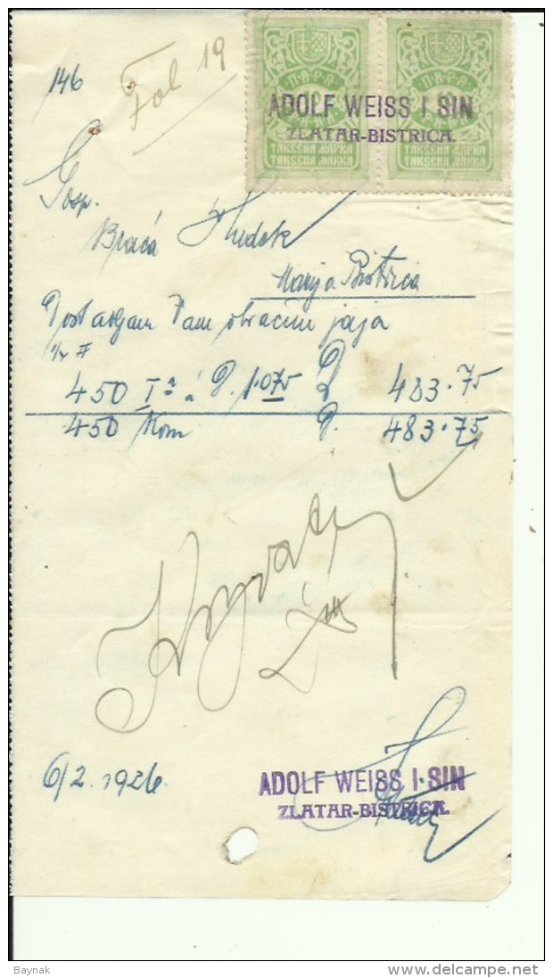 CROATIA, ZLATAR BISTRICA  --   ADOLF WEISS I SIN    --  JEWISH STORE --   FACTURA, INVOICE -  1926 -  WITH TAX STAMP - Sonstige & Ohne Zuordnung