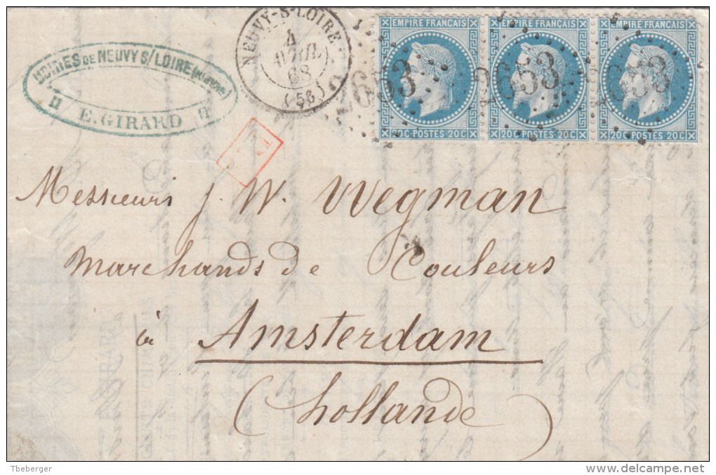 France 1868 Lettre 3*20c. Lauré (1 Def) De Neuvy/Loire GC 2653 Pour Amsterdam Pays-Bas (o224) - 1849-1876: Periodo Clásico