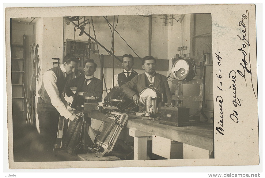 Real Photo  Biel Bienne 1904 Groupe Ingenieur Montage Electrique Experimentation Vers Ricardo Benedicto Aranjuez Espagne - Bienne