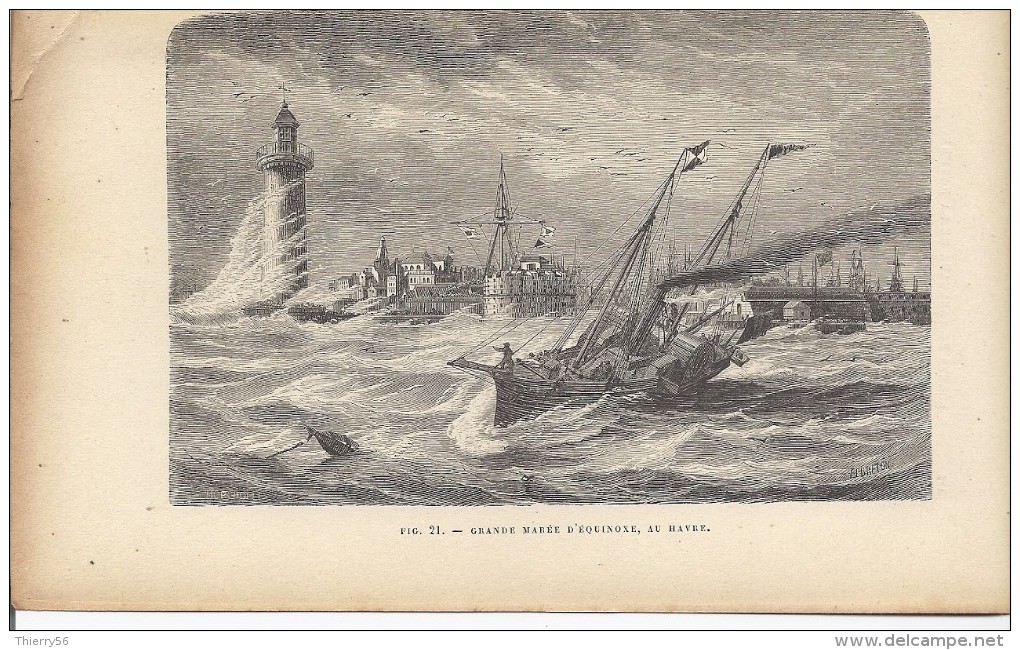 Grande Marée D'équinoxe Au Havre - Navire Bateau Phare  1892 - Prints & Engravings