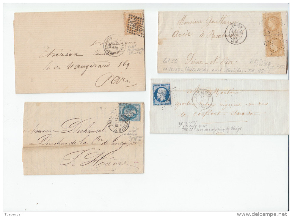 France lot 30 covers 1857 - 1876 incl. Lyon pour Alexandrie (timbre detaché), Cardinal Lemoine, ASNA Commune (o229)