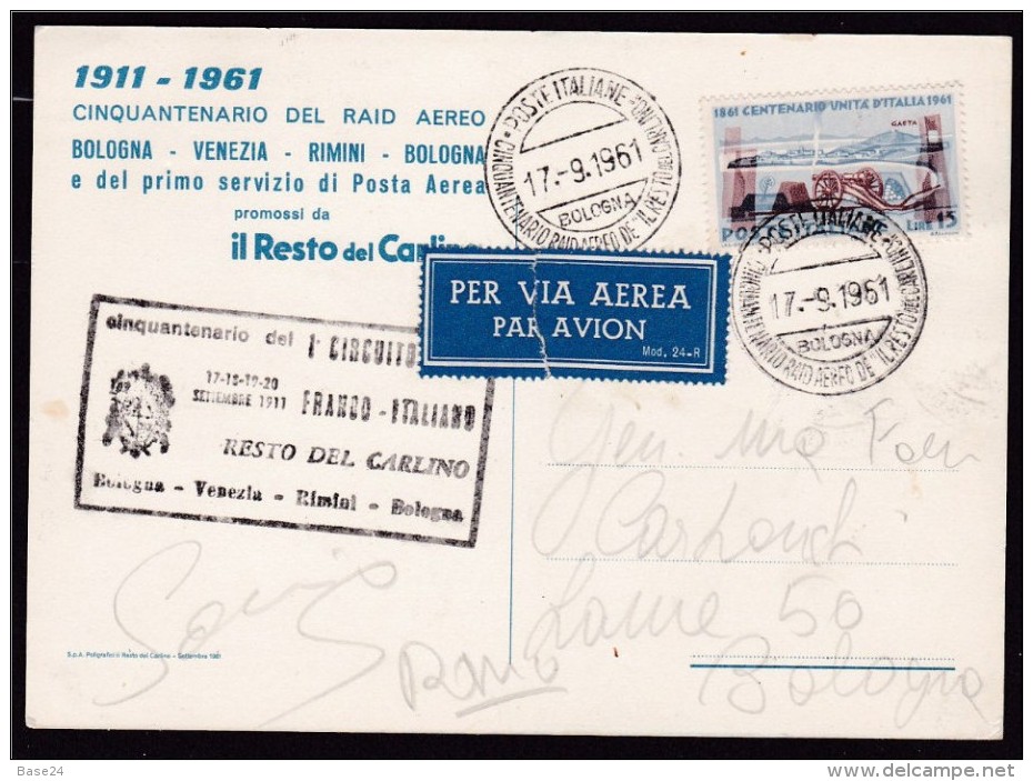 1961 Italia Italy Storia Postale Cartolina 50° RAID AEREO BOLOGNA VENEZIA RIMINI BOLOGNA 15L Unità D'Italia Viag.Bologna - Militaria