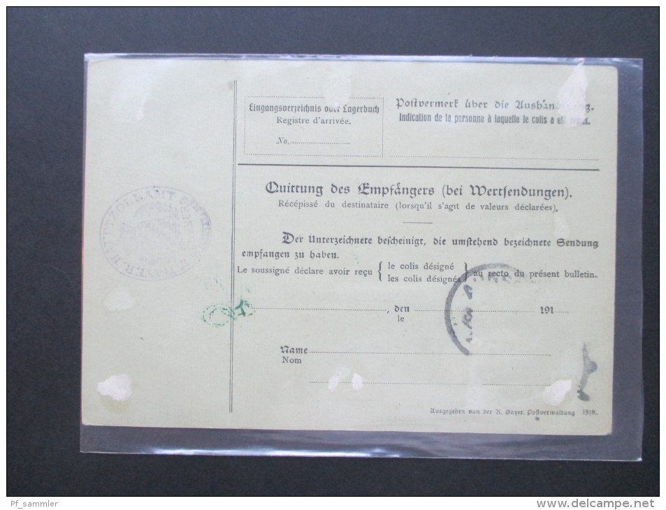 DR Paketkarte Infla 1921 Nr. 138 I MiF. Augsburg - Neuchatel. Revidiert. 3 Emissionen. Viele Vermerke! Hauptzollamt