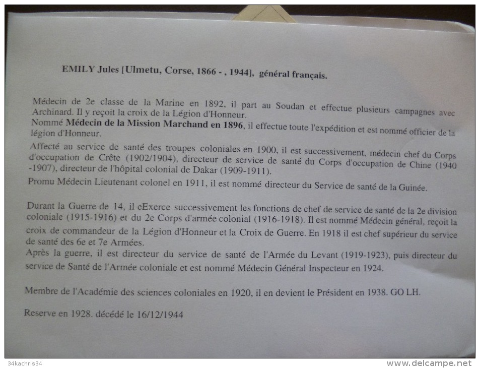 LAS 1917 Général Emilly Jules Né à Ulmetu Corse  Médecin. 2ème C.A.C. Guerre 14/18 A Propos De Sa Carrière - Documents