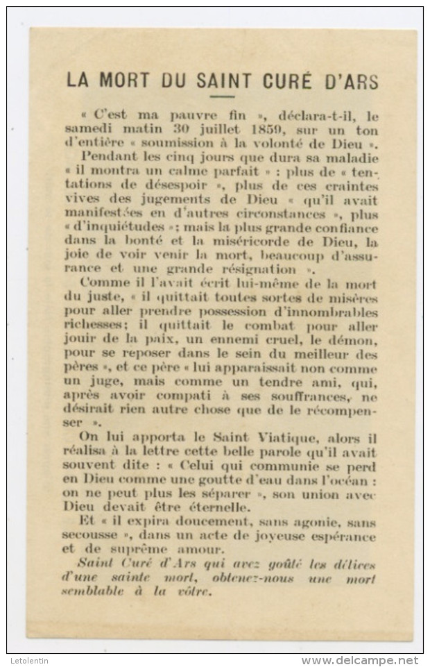 SOUVENIR MORTUAIRE - DU SAINT CURÉ D'ARS  SUR SON LIT DE MORT + LE 30/7/1850 - Décès