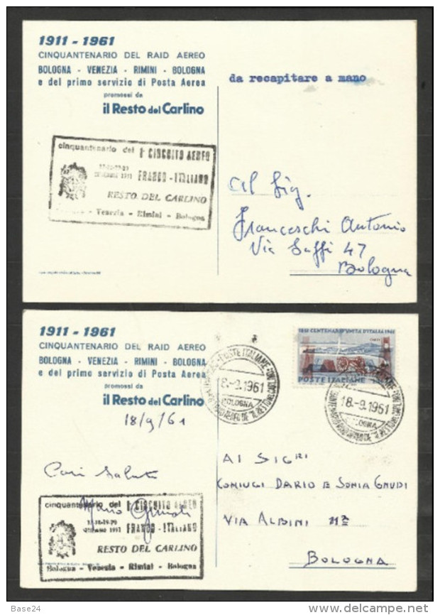 1961 Italia Italy Storia Postale 2 Cartoline 50° RAID AEREO BOLOGNA VENEZIA RIMINI BOLOGNA Viagg. Bologna1 Da Rec.a Mano - Militaria