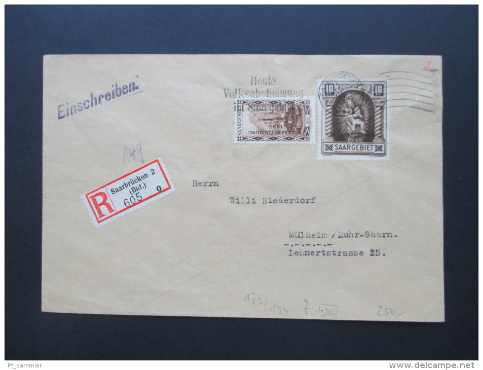 Saargebiet Volksabstimmung 13.1. 1935 Sonderstempel. Nr. 178 - 194 Auf R-Briefen! Saarbrücken 2 - Mühlheim! Hoher KW!! - Cartas & Documentos