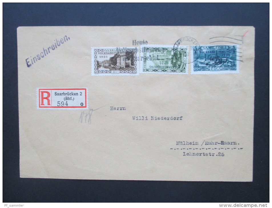 Saargebiet Volksabstimmung 13.1. 1935 Sonderstempel. Nr. 178 - 194 auf R-Briefen! Saarbrücken 2 - Mühlheim! Hoher KW!!