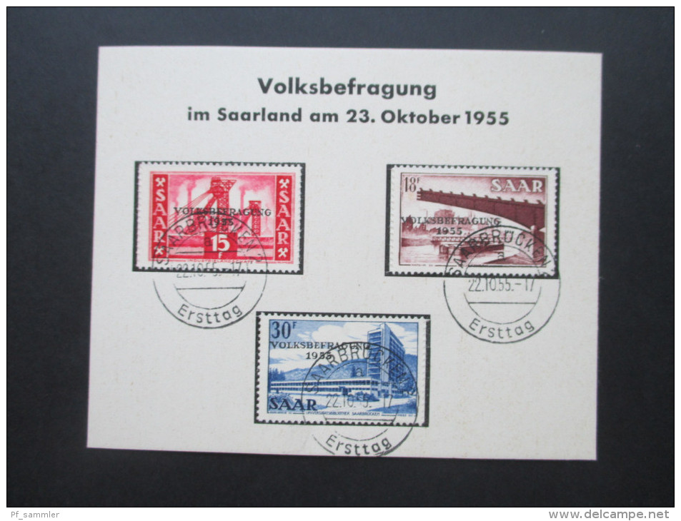 Saarland Nr. 362 - 364 Volksbefragung 22.10.1955 Sonderstempel / Ersttag. Sonderkarte - Briefe U. Dokumente