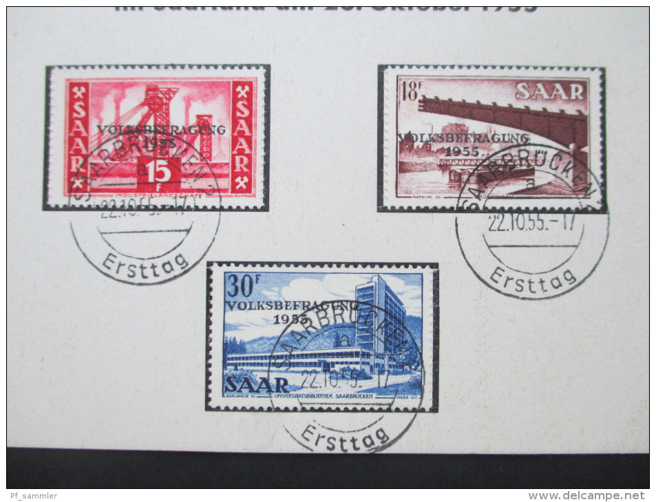 Saarland Nr. 362 - 364 Volksbefragung 22.10.1955 Sonderstempel / Ersttag. Sonderkarte - Lettres & Documents