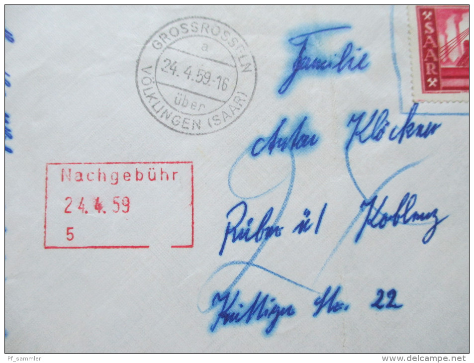 Saarland Nr. 327 EF Verwendet Erst 1959 / Nachporto / Nachgebühr. Grossrosseln über Völklingen (Saar) - Lettres & Documents