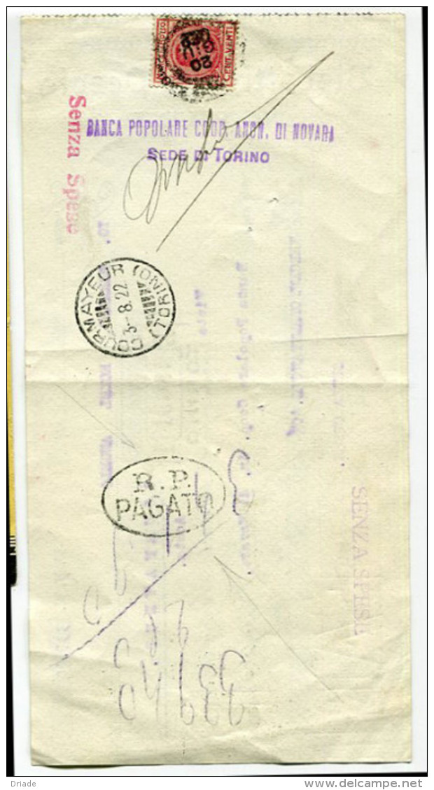 ASSEGNO PUBBLICITà BISCOTTIFICIO PESCIO NOVARA ANNO 1922 MARCA DA BOLLO CENT. 20 - Chèques & Chèques De Voyage