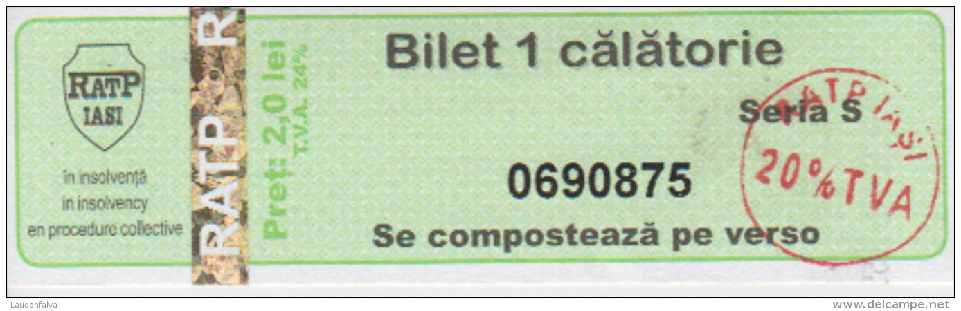 Transportation Ticket Tram Tramway Ticket 1 Travel Iasi Romania - Europe