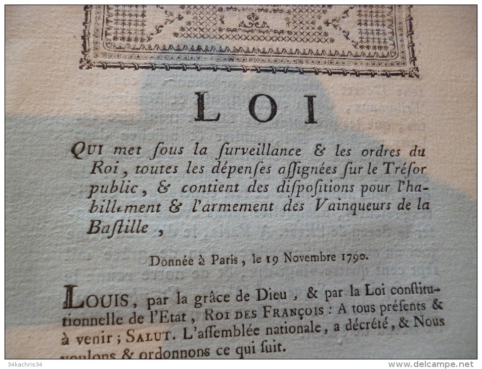 Loi 19/11/1790 Révolution An I.dépenses Assignées Pour L'habillement Et L'armement Des Vainqueurs De La Bastille... - Decrees & Laws