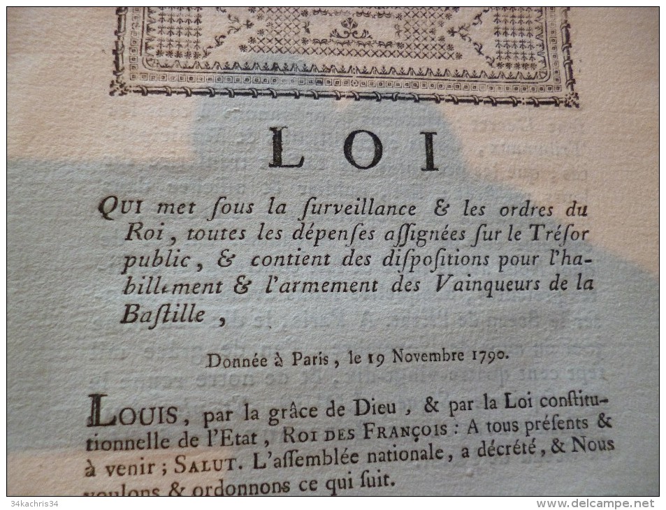 Loi 19/11/1790 Révolution An I.dépenses Assignées Pour L'habillement Et L'armement Des Vainqueurs De La Bastille... - Décrets & Lois