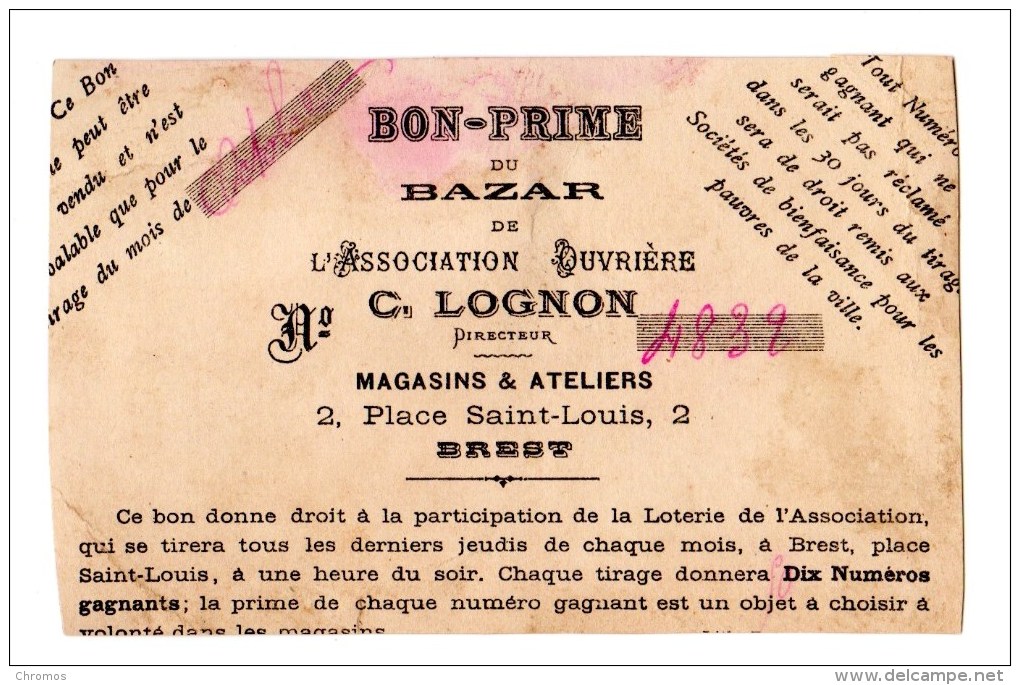 Rare Chromo Loterie Imp. APPEL Pour Bazar à Brest, Bretagne, Litfas - Sonstige & Ohne Zuordnung